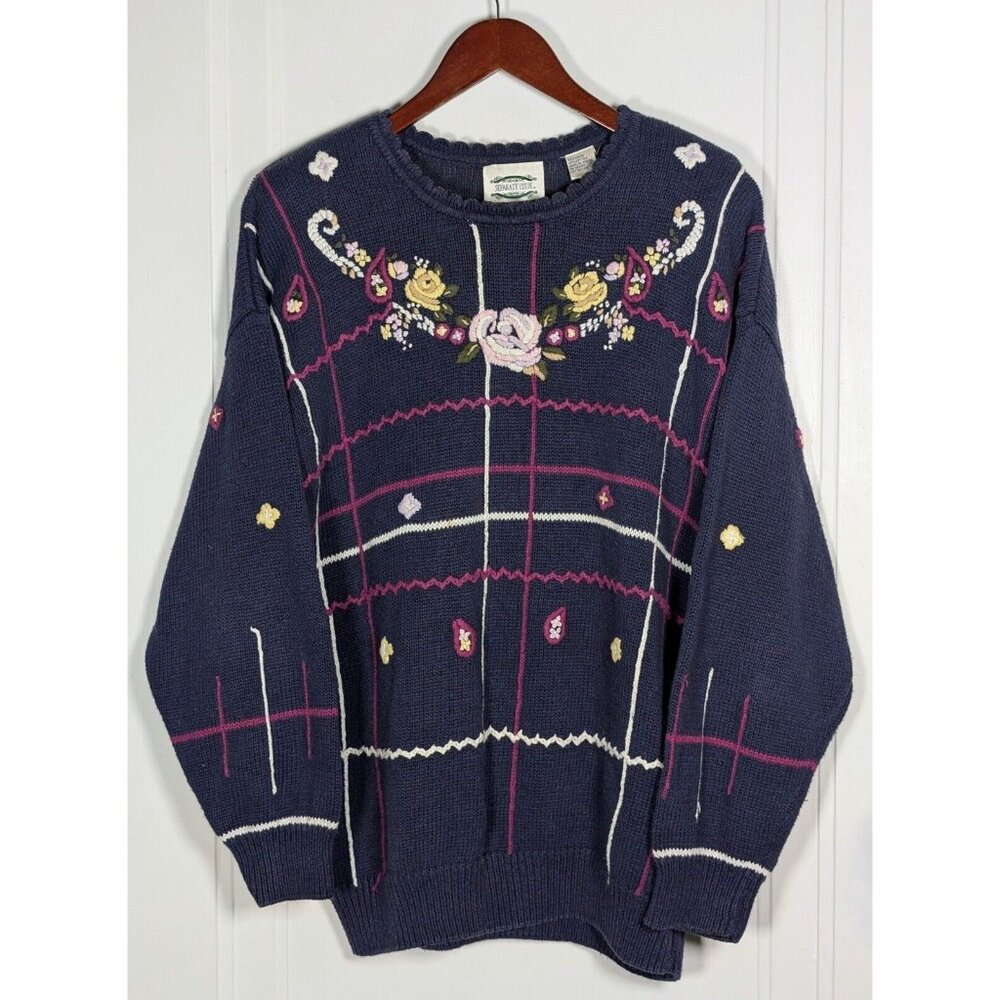 Separate Issue Vintage Blue Floral 3D Knit Embroidered Sweater Size Small VTG